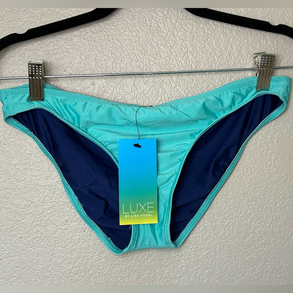 Luxe by Lisa Vogel Teal and Navy Reversible Bikini Swim Suit Bottom Sz 8 NWT